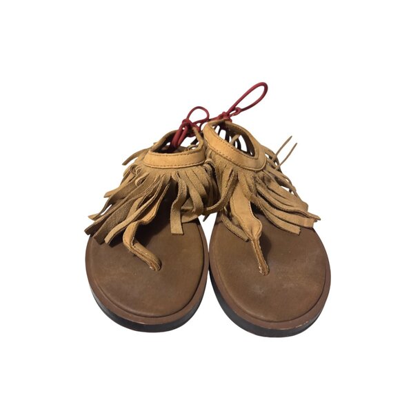 Sanuk Womens Size 6 Fringe Sandals Tan Suede With Rubber Sole Made In Vietnam - Picture 2 of 6